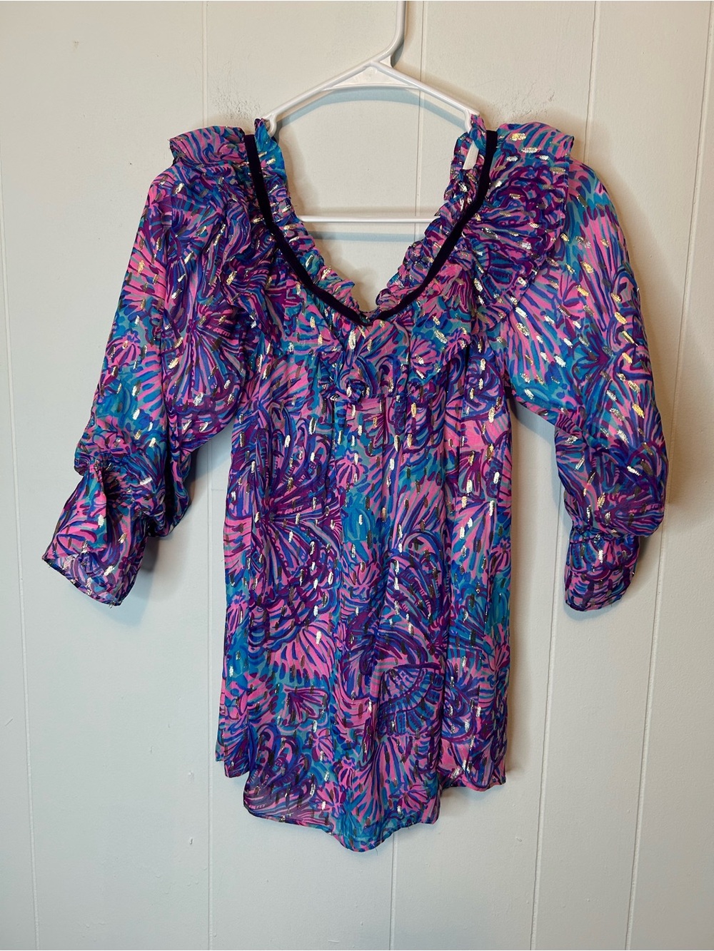 Lilly Pulitzer Ceecee Top Turquoise Oasis Shelleidoscope Off Shoulder Size L 365